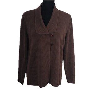 Misook Brown Ribbed Cardigan Duster Two Button Size LARGE Collared NEW